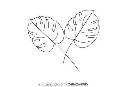 Monstera leaf line art. Tropical leaves continuous line draw design isolated on white background. Botanical nature concept, Monstera leaf one continuous line art. Nature plant minimalism design hand 
