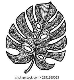 Diseño abstracto de línea de hoja de Monstera. Decoración vectorial monstera aislada sobre fondo blanco para la impresión o el libro de colorear.