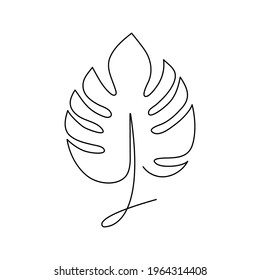 Monstera leaf line style. Continuous one line art drawing tropical palm. Vector illustration isolated on white.