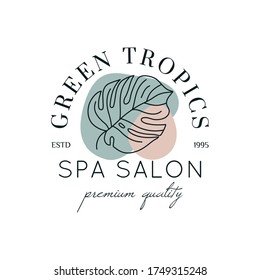 Plantilla de diseño del logotipo de la hoja de Monstera en un sencillo estilo lineal mínimo. Vector emblema tropical exótico con hojas y formas abstractas para Beauty Studio, salón SPA