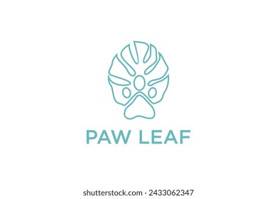 Monstera leaf logo with a hole in the shape of a cute cat's paw, green monstera leaf plant for home interior decoration.