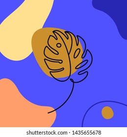 Monstera leaf Minimal Line Style. Continuous One Line drawing Abstract Vector Tropical Palm Isolated on a colourful Blue Background. Logo template, Beauty Concept, t-Shirt Print, postcard, poster