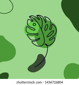 Monstera leaf Minimal Line Style. Continuous One Line drawing Abstract Vector Tropical Palm Isolated on a colourful Green Background. Logo template, Beauty Concept, t-Shirt Print, postcard, poster