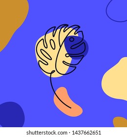 Monstera leaf Minimal Line Style. Continuous One Line drawing Abstract Vector Tropical Palm Isolated on a colourful Blue Background. Logo template, Beauty Concept, t-Shirt Print, postcard, poster
