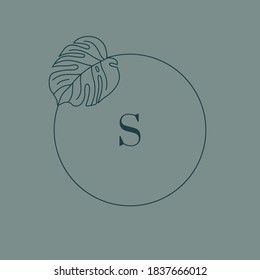 Monstera leaf Monogram design in simple minimal linear style. Vector Exotic Floral Wreath with Tropical leaves for Beauty, SPA salon, Creative Studio