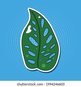 monstera leaf on blue background in pop art style sticker for design