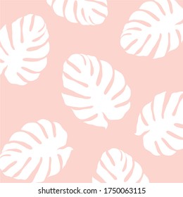 Monstera leaf on pink pastel background. Pastel tones For card, postcard, poster,backdrop,wallpaper,background,textile design, cover, banner. Vector illustration.
