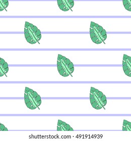 Monstera leaf  on stripe background. Seamless pattern
