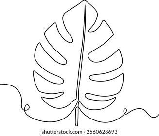 Monstera leaf one line art. Tropical leaves continuous line draw design isolated on white background. Monstera leaf one continuous line art. Vector illustration.