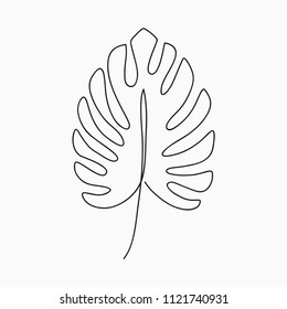 Monstera leaf - one line drawing. Continuous line exotic plant. Hand-drawn minimalist illustration, vector.