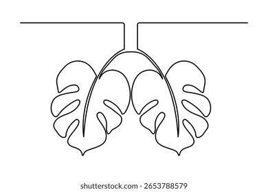 Monstera leaf one line drawing in minimalist style with isolated outline on white background