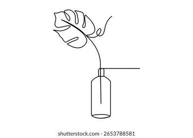 Dibujo de una línea de hoja de Monstera en estilo minimalista con contorno aislado sobre fondo blanco