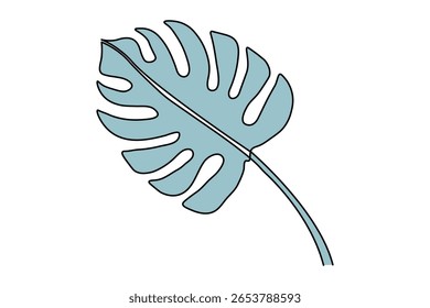 Dibujo de una línea de hoja de Monstera en estilo minimalista con contorno aislado sobre fondo blanco