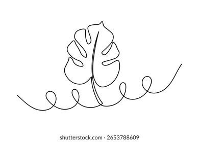 Monstera leaf one line drawing in minimalist style with isolated outline on white background