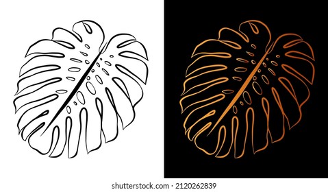 Icono del contorno de la hoja de Monstera, estilo de arte de la línea de dibujo simple del doodle, conjunto de botánica de hierbas negro y dorado. Belleza elegante elemento de diseño del logo. Dibujo gráfico aislado de símbolos. Forma plana, tarjeta de tatuaje de boda.