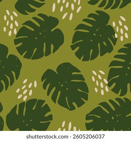 Monstera leaf pattern with green background. Seamless pattern with florals for fabric, textiles, clothing, wrapping paper. Vector illustration.