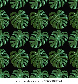 Monstera leaf pattern. Stylish watercolor print for fabrics with tropic leaves. Summer seamless pattern background with floral elements on black backdrop.