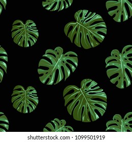 Monstera leaf pattern. Stylish watercolor print for fabrics with tropic leaves. Summer seamless pattern background with floral elements on black backdrop.
