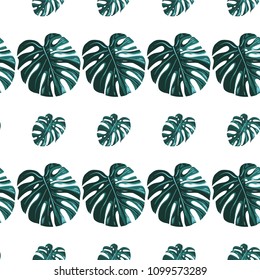 Monstera leaf pattern. Stylish watercolor print for fabrics with tropic leaves. Summer seamless pattern background with floral elements on white backdrop.