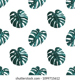 Monstera leaf pattern. Stylish watercolor print for fabrics with tropic leaves. Summer seamless pattern background with floral elements on white backdrop.