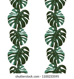 Monstera leaf pattern. Stylish watercolor print for fabrics with tropic leaves. Summer seamless pattern background with floral elements on white backdrop.