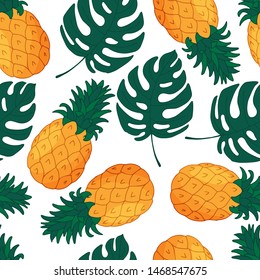 Monstera leaf and pineapple seamless pattern. Cartoon vector illustration.