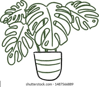 Monstera leaf Plant in a pot nordic art. Contour drawing. Minimalism art. Modern decor.Escandinavia aesthetic 