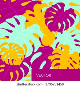 Monstera leaf repeat motiff flat color vector background. Philodendron vibrant leaves. Floral pattern. Tropical summer vacation social media post mock up. Exotic resort web banner template