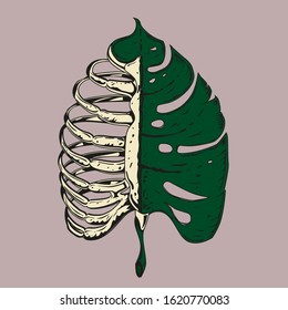 Monstera leaf with rib cage. Vintage apparel print with tropic plant and bones. T-shirt vector design.