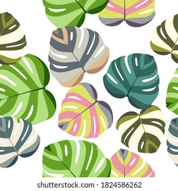 Monstera leaf seamless pattern, colorful floral design isolated on white background. Tropical leaves, vector illustration, background for wallpaper or textures