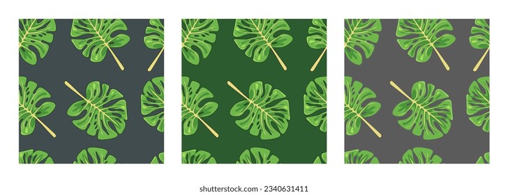 Monstera leaf seamless pattern. Green leaves on a gray, black and green background.