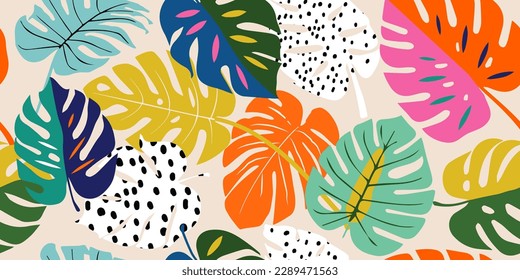 Patrón sin costuras de la hoja de Monstera, botánico dibujado a mano, primavera y verano, estilo verde, adornos naturales para textiles, tela, papel pintado, fondo.