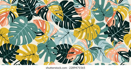 Monstera leaf seamless pattern, hand drawn botanical, spring and Summer time, green style, natural ornaments for textile, fabric, wallpaper, background.