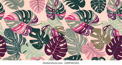 Monstera leaf seamless pattern, hand drawn botanical, spring and Summer time, green style, natural ornaments for textile, fabric, wallpaper, background.