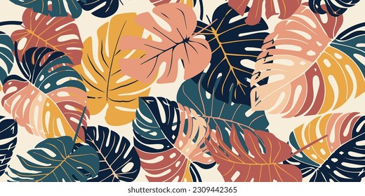 Monstera leaf seamless pattern, hand drawn botanical, spring and Summer time, green style, natural ornaments for textile, fabric, wallpaper, background.