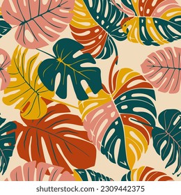 Monstera leaf seamless pattern, hand drawn botanical, spring and Summer time, green style, natural ornaments for textile, fabric, wallpaper, background.