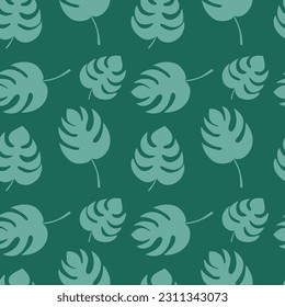 Monstera leaf seamless pattern. Hand drawn monstera on green background