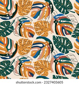 Monstera leaf seamless pattern, hand drawn botanical, spring and Summer time, green style, natural ornaments for textile, fabric, wallpaper, background.