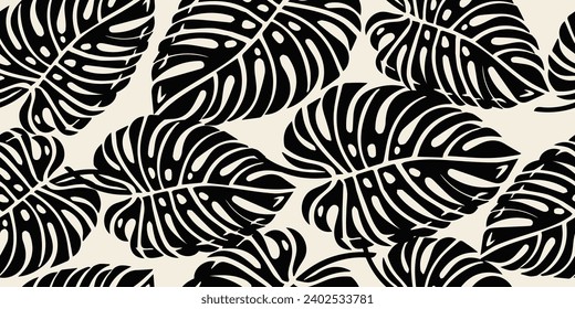 Monstera leaf seamless pattern. Hand drawn tropical leaves. Modern print in black and white color. natural ornaments for textile, fabric, wallpaper, home decor, background.