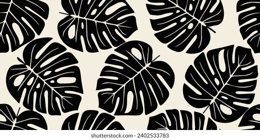 Monstera leaf seamless pattern. Hand drawn tropical leaves. Modern print in black and white color. natural ornaments for textile, fabric, wallpaper, home decor, background.