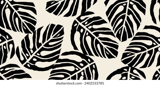 Monstera leaf seamless pattern. Hand drawn tropical leaves. Modern print in black and white color. natural ornaments for textile, fabric, wallpaper, home decor, background.