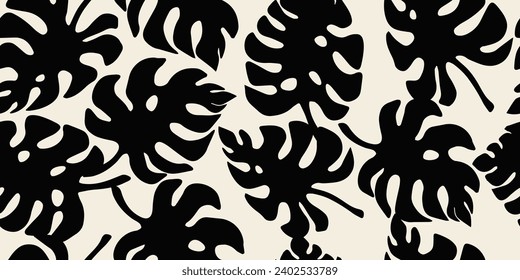 Monstera leaf seamless pattern. Hand drawn tropical leaves. Modern print in black and white color. natural ornaments for textile, fabric, wallpaper, home decor, background.