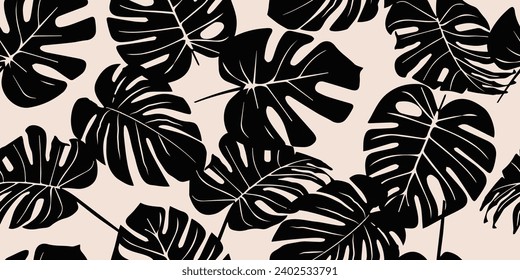 Patrón de hojas de Monstera sin fisuras. Hojas tropicales dibujadas a mano. Impresión moderna en color blanco y negro. adornos naturales para textiles, tela, papel pintado, decoración casera, fondo.