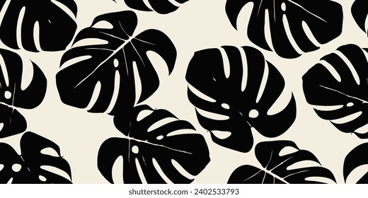 Monstera leaf seamless pattern. Hand drawn tropical leaves. Modern print in black and white color. natural ornaments for textile, fabric, wallpaper, home decor, background.