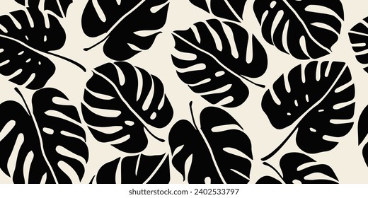 Monstera leaf seamless pattern. Hand drawn tropical leaves. Modern print in black and white color. natural ornaments for textile, fabric, wallpaper, home decor, background.