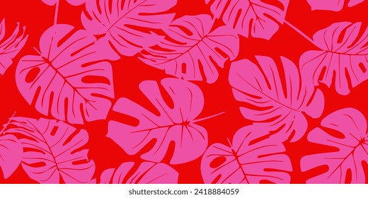 Monstera leaf seamless pattern, hand drawn tropical botanical, spring and Summer time, flat style, natural ornaments for textile, fabric, wallpaper, background. Vector illustration.