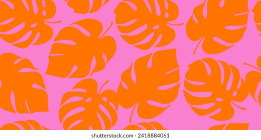 Monstera leaf seamless pattern, hand drawn tropical botanical, spring and Summer time, flat style, natural ornaments for textile, fabric, wallpaper, background. Vector illustration.