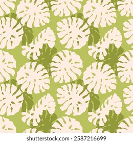 Monstera leaf seamless pattern, hand drawn botanical, spring and Summer time, green style, natural ornaments for textile, fabric, wallpaper, background.