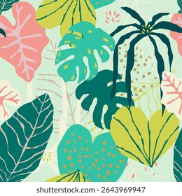 Monstera leaf seamless pattern, hand drawn botanical, spring and Summer time, green style, natural ornaments for textile, fabric, wallpaper, background.