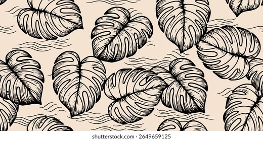 Monstera leaf seamless pattern, hand drawn botanical, spring and Summer time, green style, natural ornaments for textile, fabric, wallpaper, background.
